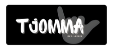Black and white logo with 'Tjomma' text and hand gesture on a black background